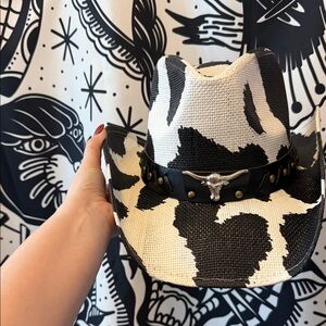 Cow Print Cowboy Hat with Bull Head Accent